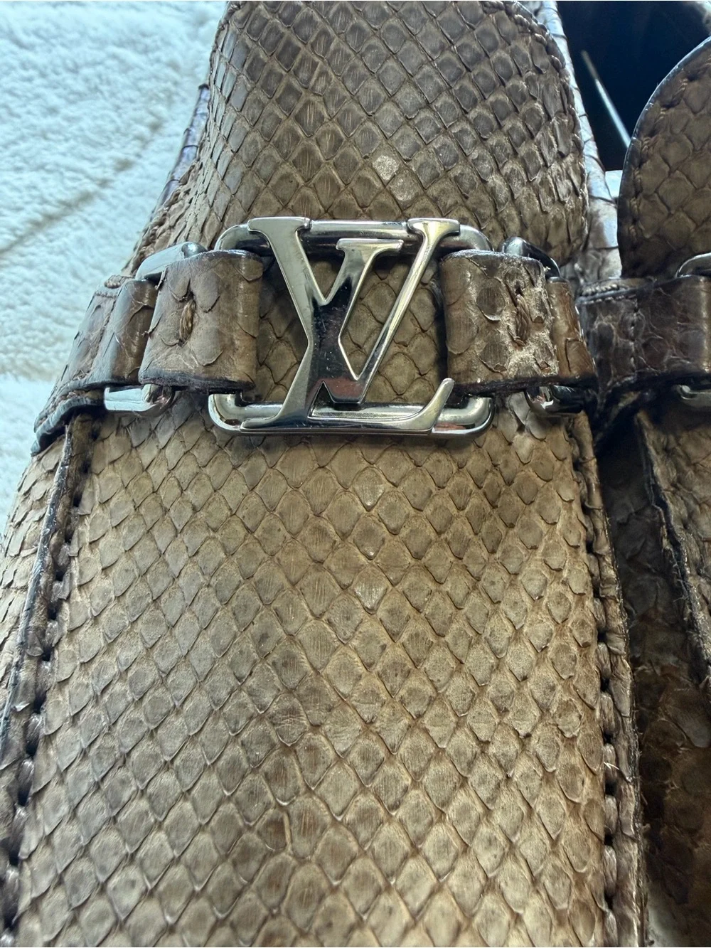 $1,995 Louis Vuitton Genuine Exotic Python Snake Skin Silver Buckle Loafers 8.5